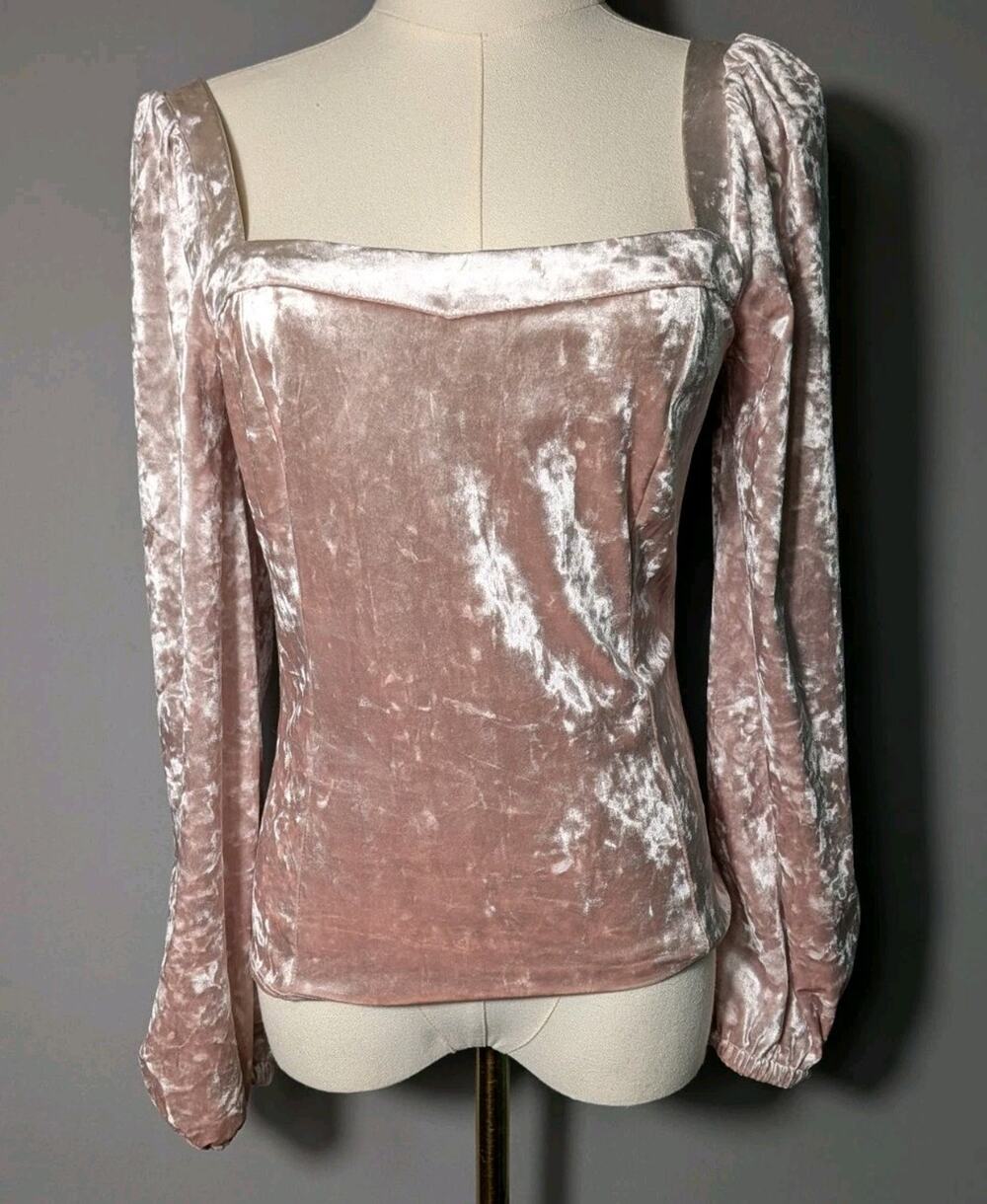 Anthropologie Pink Crushed Velvet Square Neck Smocked Puff Sleeve Blouse S